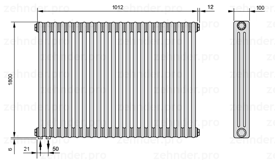 Схема (чертеж) Радиатор Zehnder Charleston 3180/22 №3370 Белый глянцевый RAL 9016